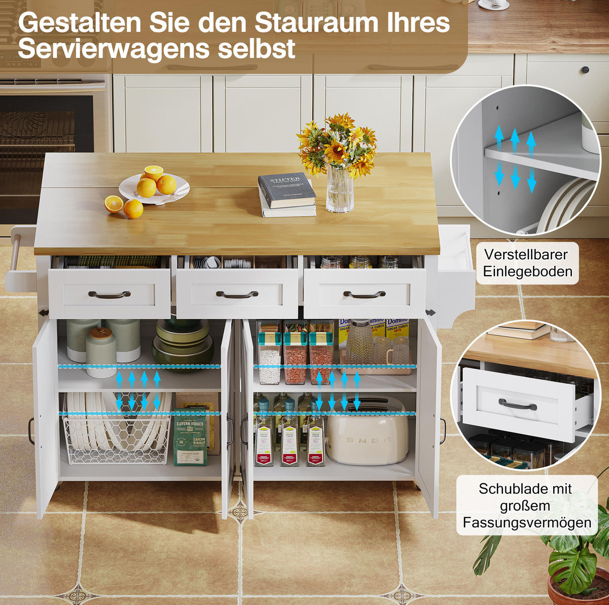 KÜCHENINSEL 140/43/90,5 cm Weiß/Natur aus MDF mit Klappplatte - Weiß, Holzwerkstoff (140/90.5/70cm) - OKWISH