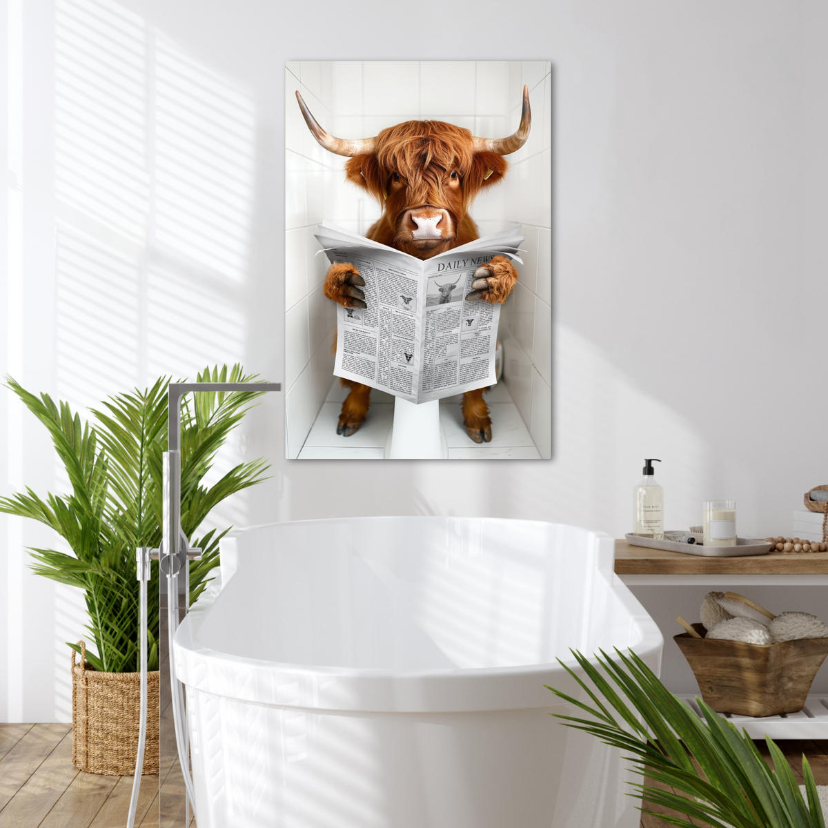 LEINWANDBILD Schottischer Highlander - Tier - Zeitung - Toilette 60x90 cm - Kastanienfarben, Textil (60/90cm) - MuchoWow