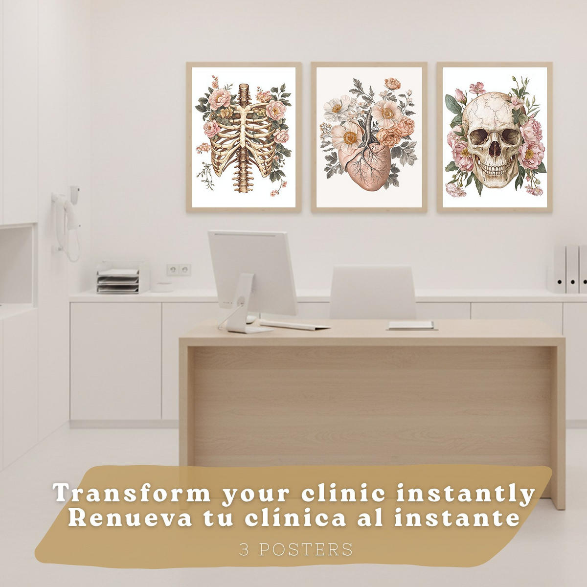POSTER Set aus 3 Anatomie Florale Vintage Drucke und Wandbilder mit Herz Brustkorb und Lungen Detaillierter Illustrationsstil Größe Rahmenlos A3 - Klar, Papier (29.7/42/3cm) - Nacnic
