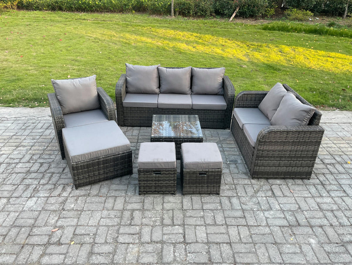GARTENTISCHGRUPPE Polyrattan Dunkelgrau 7-teilige - Dunkelgrau/Grau, Glas/Kunststoff - Fimous