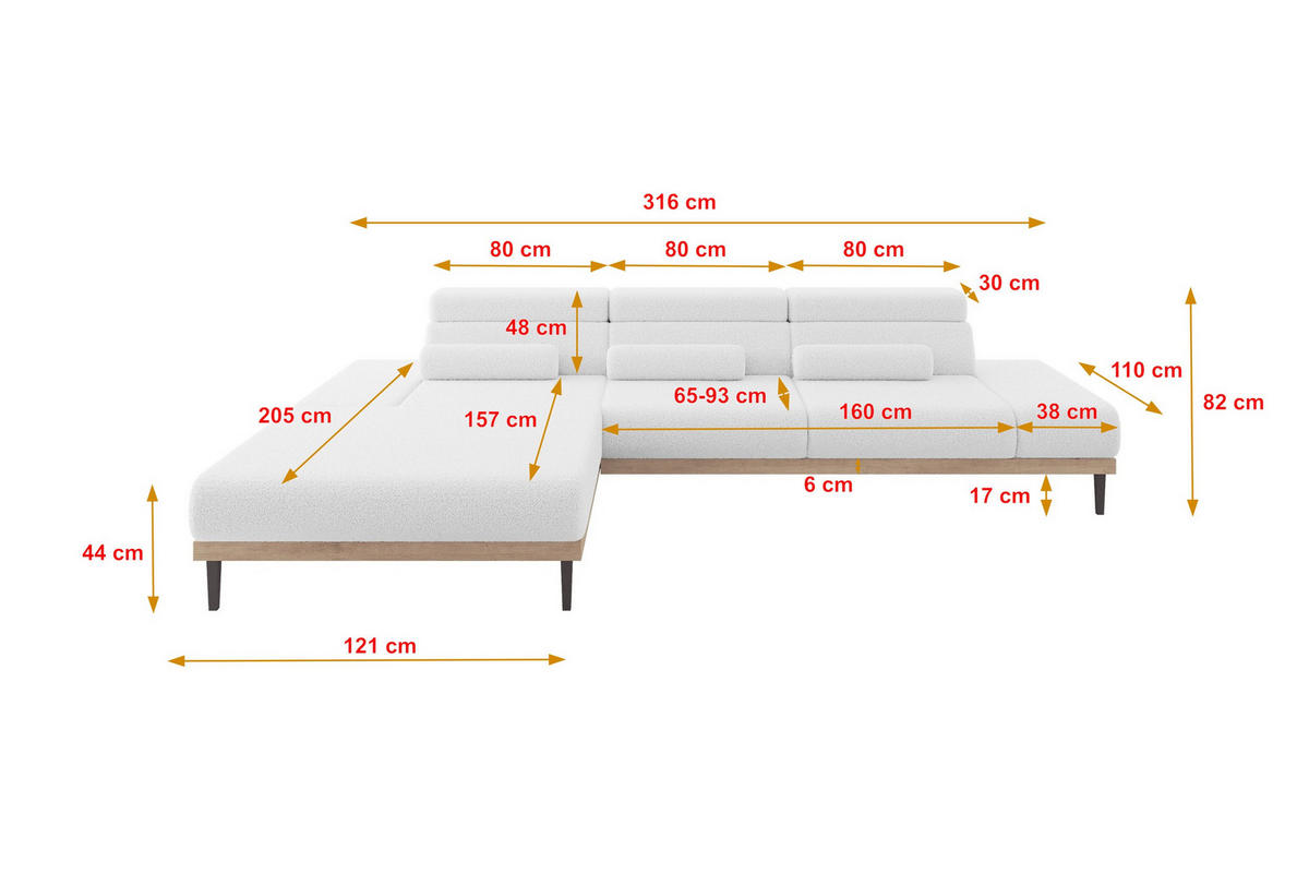ELEKTRISCHES ECKSOFA Links MONA 316x205x85 Weiß Bouclé - Weiß, Holzwerkstoff/Textil (316/205cm) - ALTDECOR