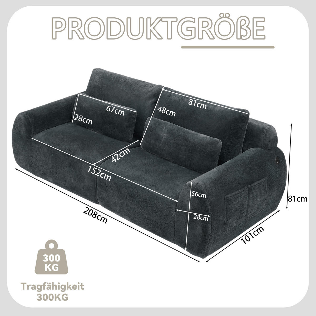 2-SITZER SOFA Kaninchenstil-Kunstfell Grau mit USB und Magazintasche - Grau, Textil (208/81/101cm) - WISHDOR