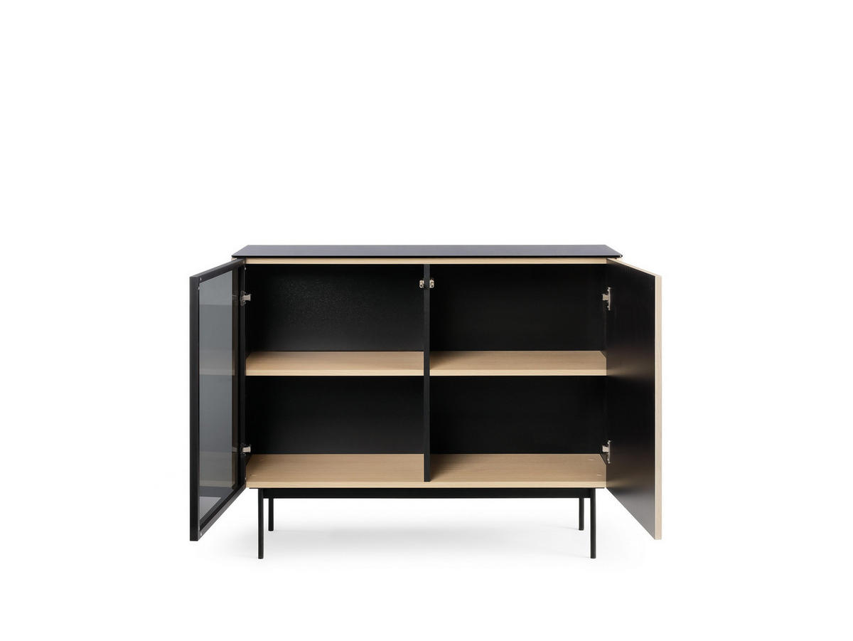 KOMMODE Rita Vincenza Eiche, zweitürige, verglaste Kommode mit LED beleuchtung - Eichefarben/Schwarz, Holzwerkstoff (107/84/39cm) - Bettso