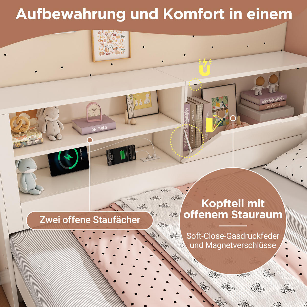 POLSTERBETT 140/190 cm mit Ausziehbett 90/190 cm, USB-Ladestation und Stauraum-Rückwand, Weiß - Weiß, Textil (140/190cm) - Redom