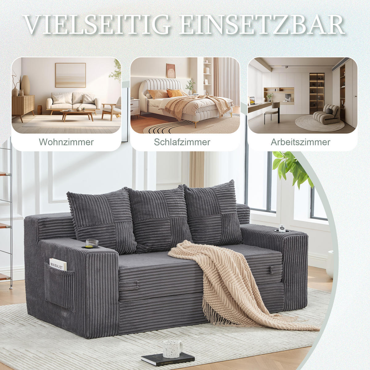 2-SITZER Bodensofa ausklappbar, Getränkehalter/Seitentaschen, Cord, Grau - Grau, Textil (172/64/87cm) - LVHOM