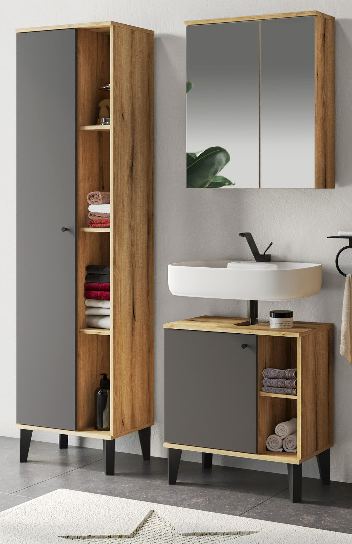 BADMÖBEL-SET 3-teilig grau, Evoke Eiche, Badkombination 121 x 190 cm - Eichefarben/Grau, Glas/Holzwerkstoff (121/190/33cm) - Furn.Design