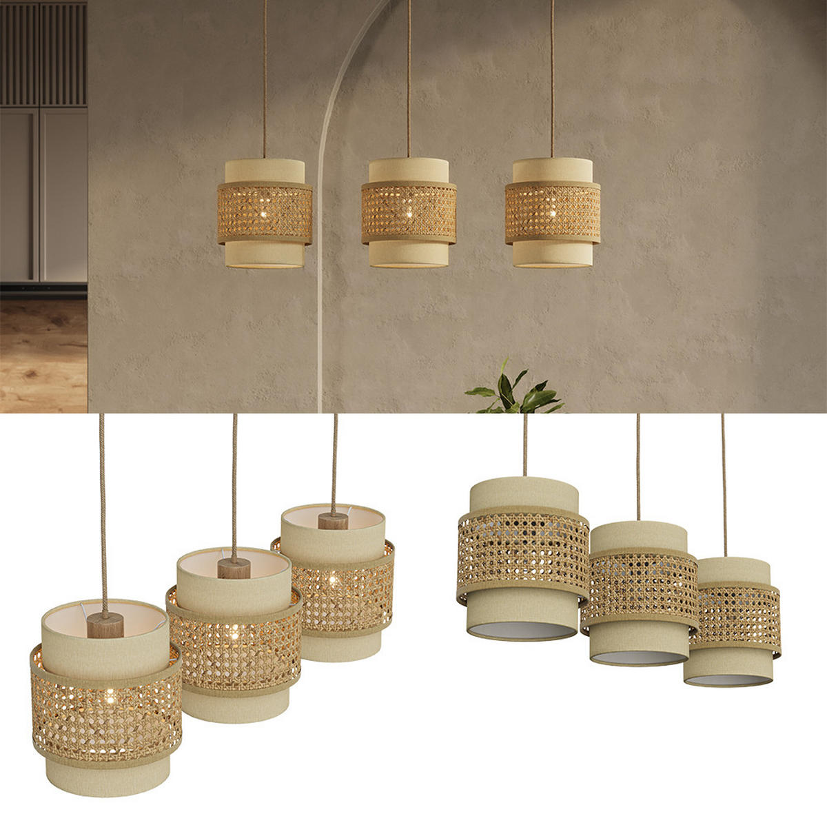 3ER PENDELLEUCHTE Morten Rattan/Creme 70 x 120 cm - Creme/Braun, Holz (70/70/120cm) - Vicco