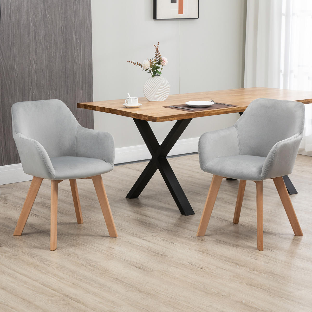 ESSZIMMERSTÜHLE 2er Set, Küchenstuhl mit Armlehne, Rückenlehne, Samtoptik, Grau - Naturfarben/Grau, Holz/Kunststoff (57/80/54cm) - HOMCOM