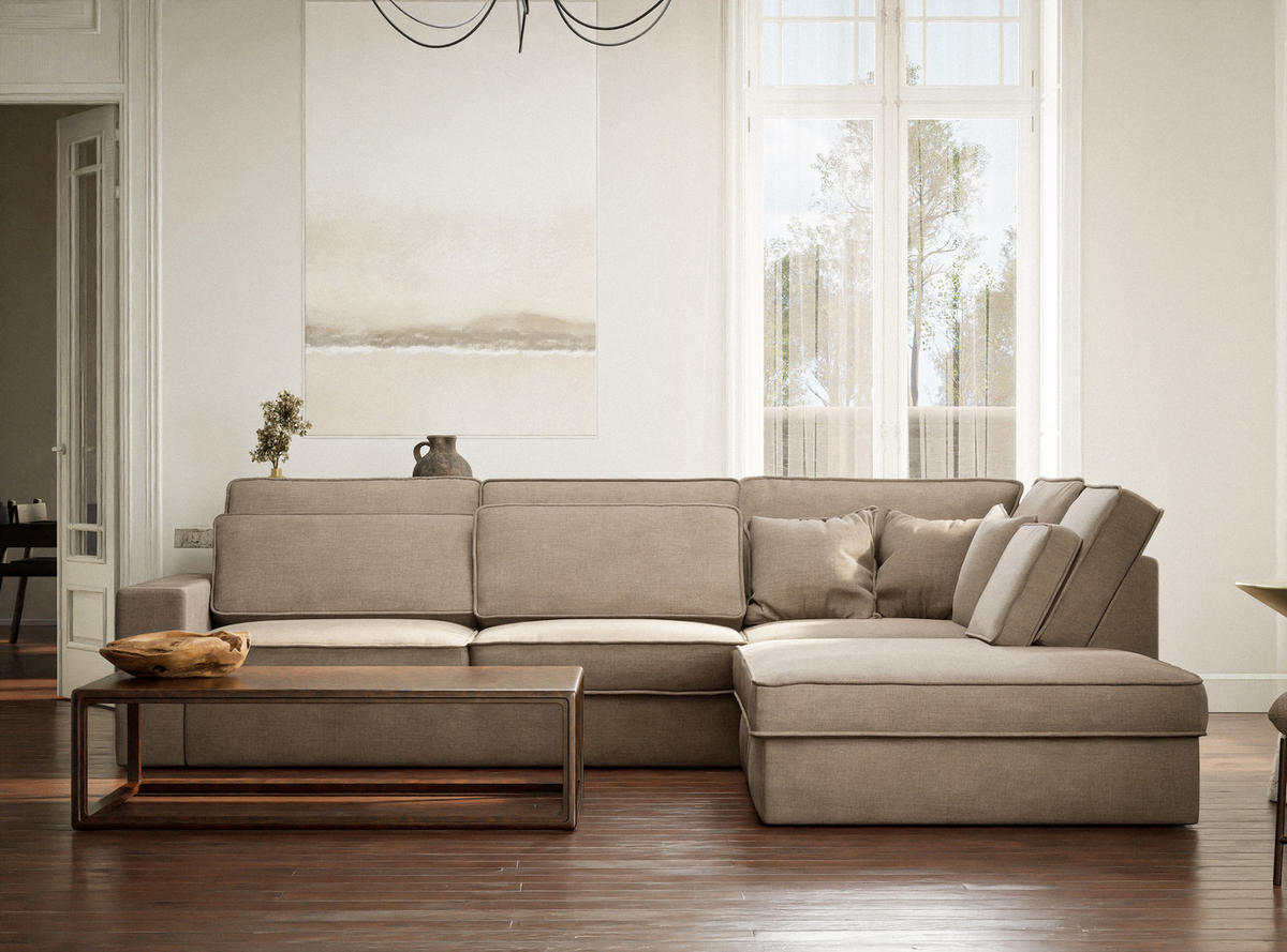 ECKSOFA Kirou Grau braun Chenille-Stoff - Rechts Seite - Graubraun/Schwarz, Holz/Holzwerkstoff (311/225cm) - Maison de Reve