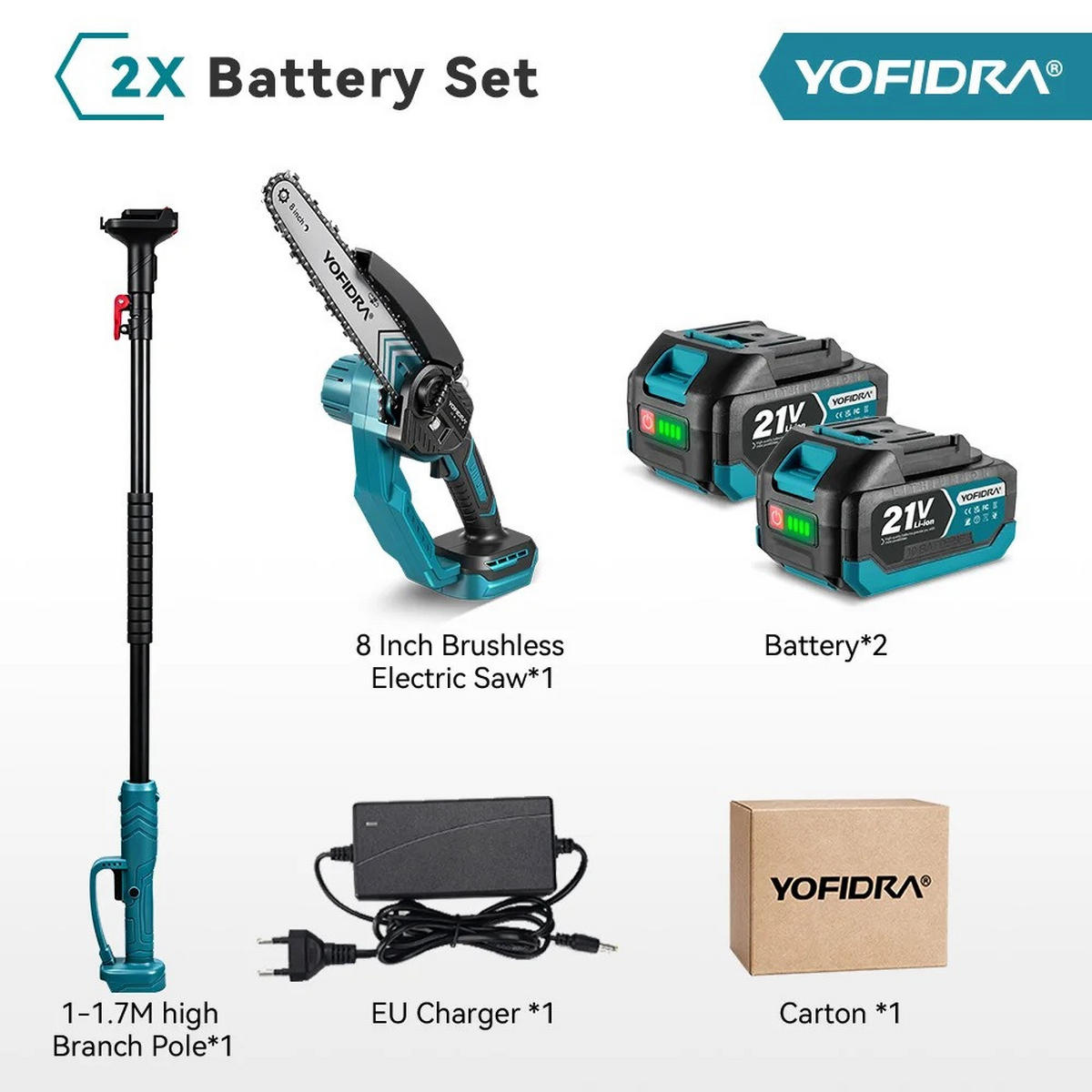 KETTENSÄGE 8 Zoll Bürstenlos, Teleskopstange, Mit 2 Batterien - Blau, Metall (15/7/137cm) - Kaket