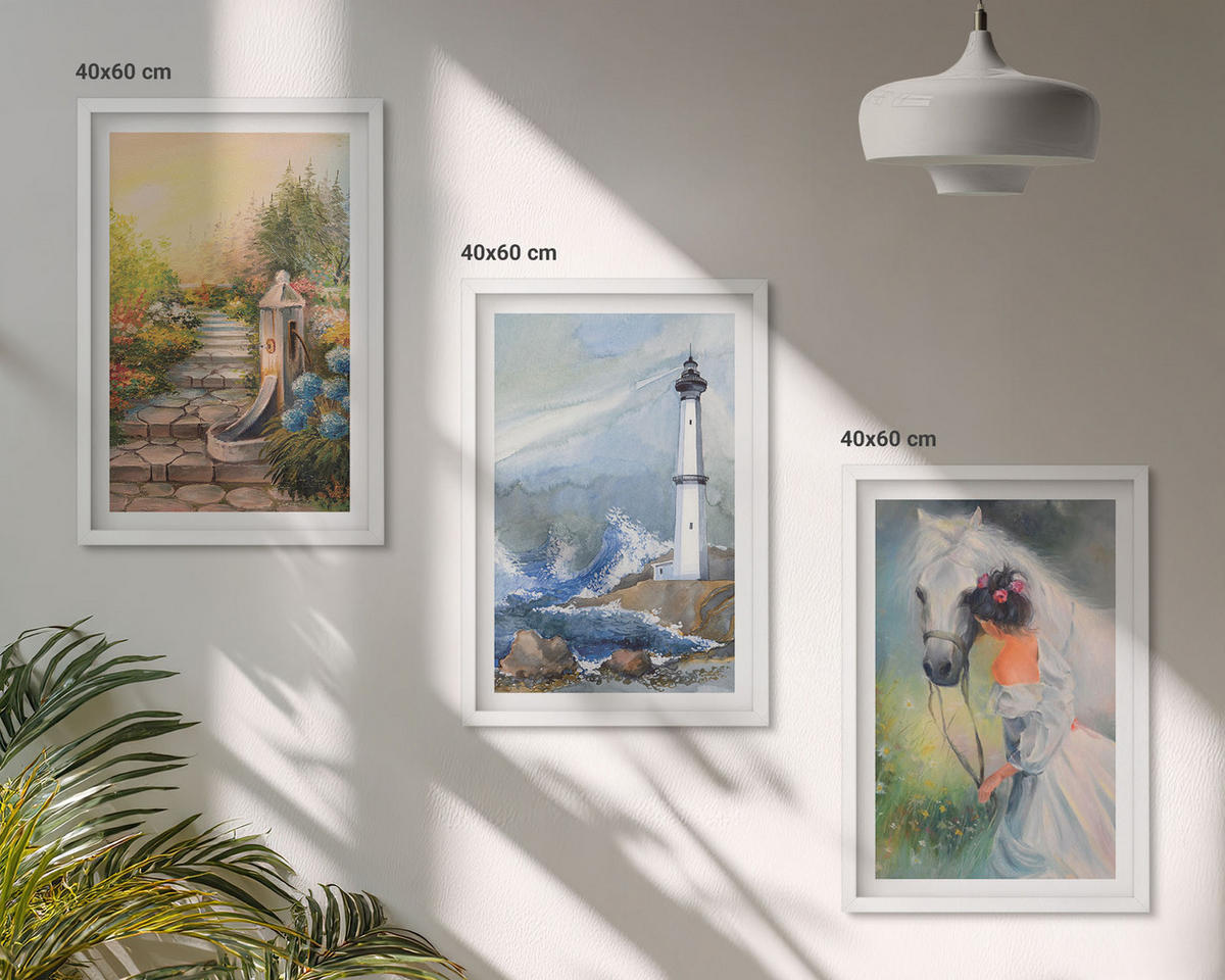 WANDBILDER 3er-Set - 40x60 cm Weißer Rahmen - Landschaft Leuchtturm Pferd Mädchen - Weiß, Kunststoff (40/60cm) - ArtPrintCave