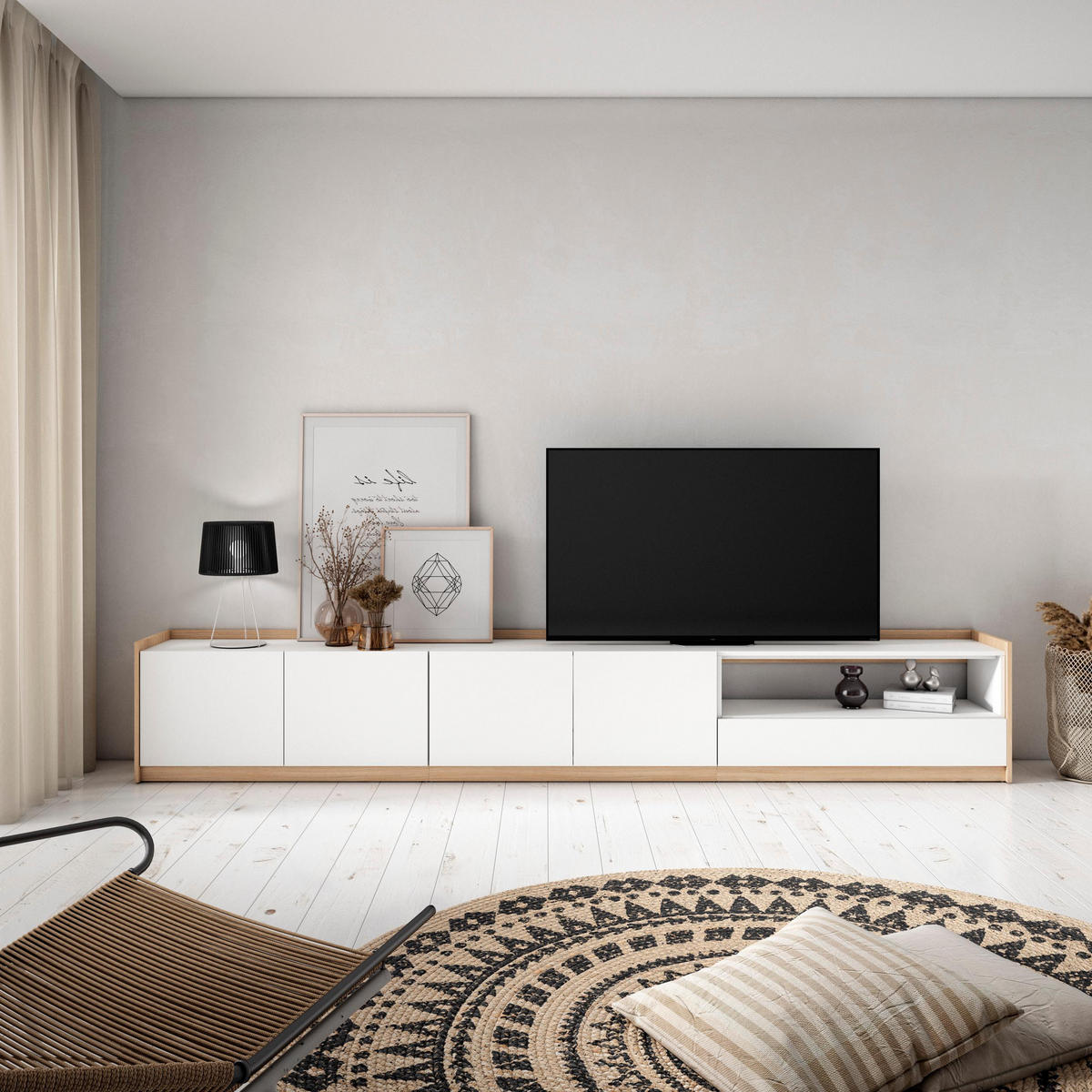 TV-SCHRANK, Lowboard, Weiß und Eiche Soft, 310/37/50cm - Weiß, Holzwerkstoff (310/50/37cm) - Skraut Home