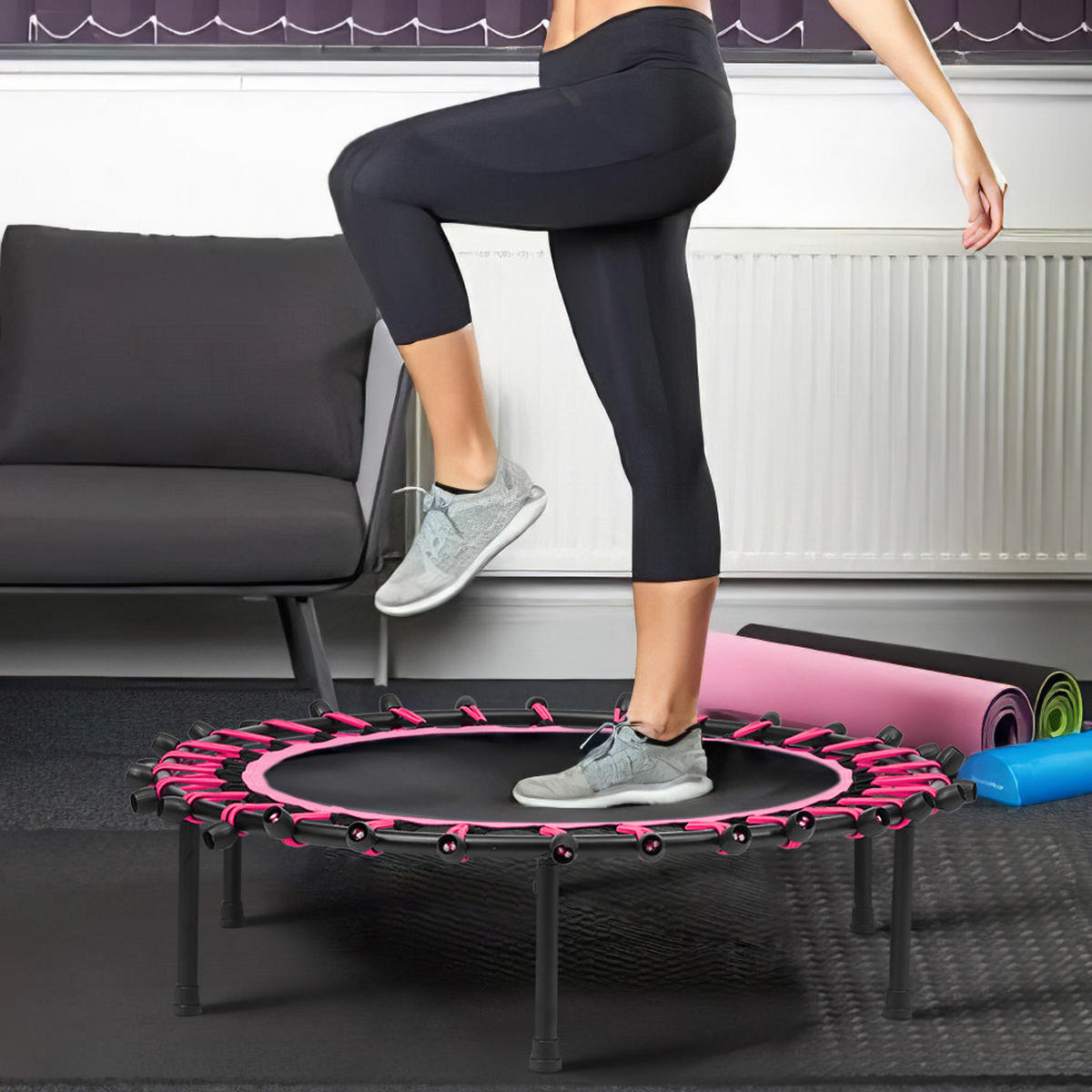 40-ZOLL-RUNDTRAMPOLIN mit Gummiseilen aus Stahl, Oxford-Gewebe, Gummiseile in Schwarz Rosa Langlebig und sicher Stabil und leise 25 x 101 x 101cm - Pink, Metall (101/101cm) - Livingandhome
