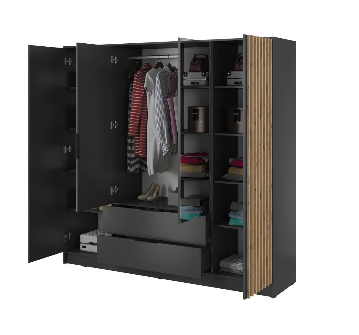 DREHTÜRENSCHRANK - John 4D ohne Spiegel Graphit + artisan - Graphitfarben, Holzwerkstoff/Metall (206/200/51cm) - Möblo