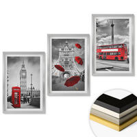 WANDBILDER 3er Set - 40x60 cm Silberner Rahmen - Roter Regenschirmstand und Londoner Bus - Silberfarben, Kunststoff (40/60cm) - ArtPrintCave