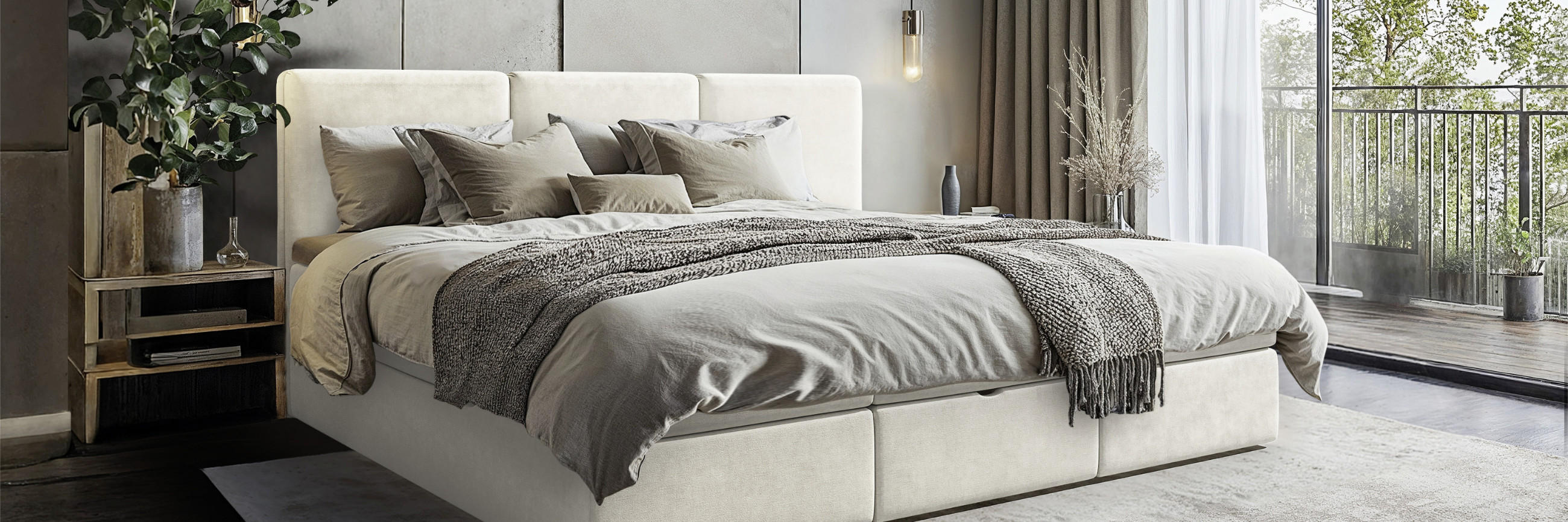 Kuscheliges Bett in beige in einem modernen Schlafzimmer