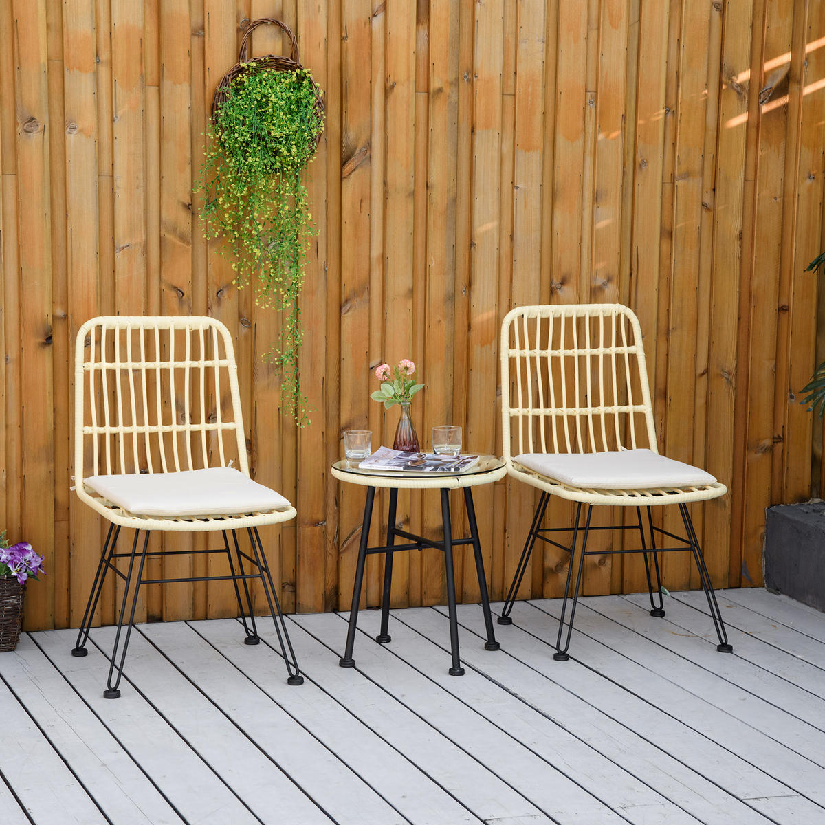 BISTROTSET 3tlg DE-13666 mit Glastisch und Polsterkissen Creme - Creme, Kunststoff/Metall - ComfortXL