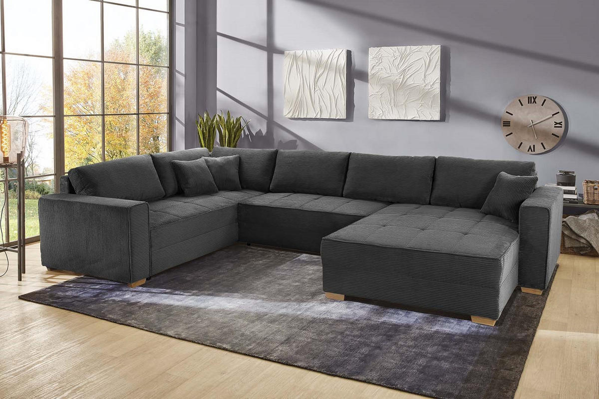 WOHNLANDSCHAFT Schlaffunktion Bettkasten Wellenunterfederung, spiegelverkehrt montierbar U-Form B379/T227/H86 cm, Cord Grau Anthrazit / 15198 - Schieferfarben/Eichefarben, Holz/Textil (379/86/227cm) - luma-home