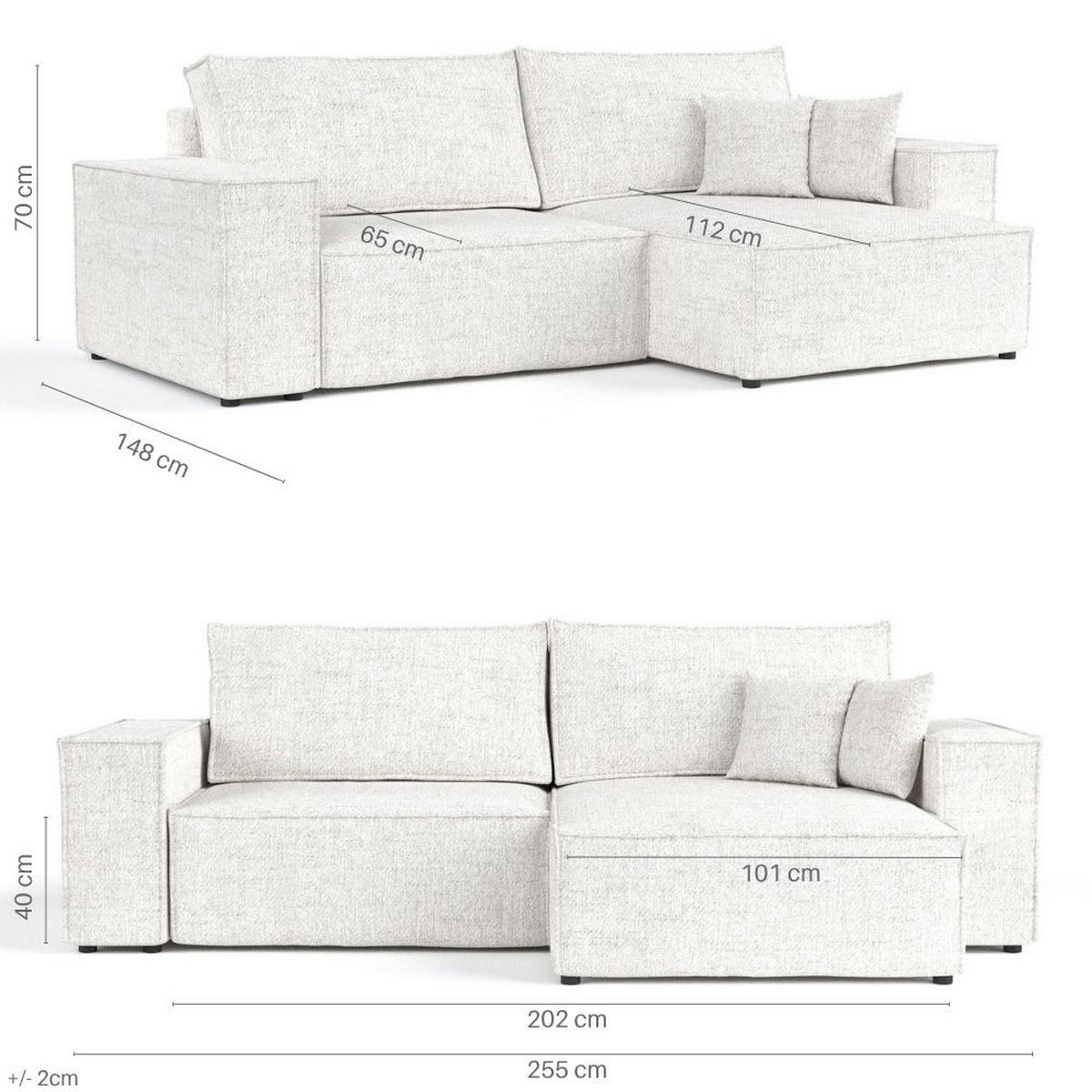 ECKSOFA CAVO mit Schlaffunktion Hellbeige im Neve Stoff - Sandfarben/Schwarz, Holz/Holzwerkstoff (255/148cm) - AltaBeds