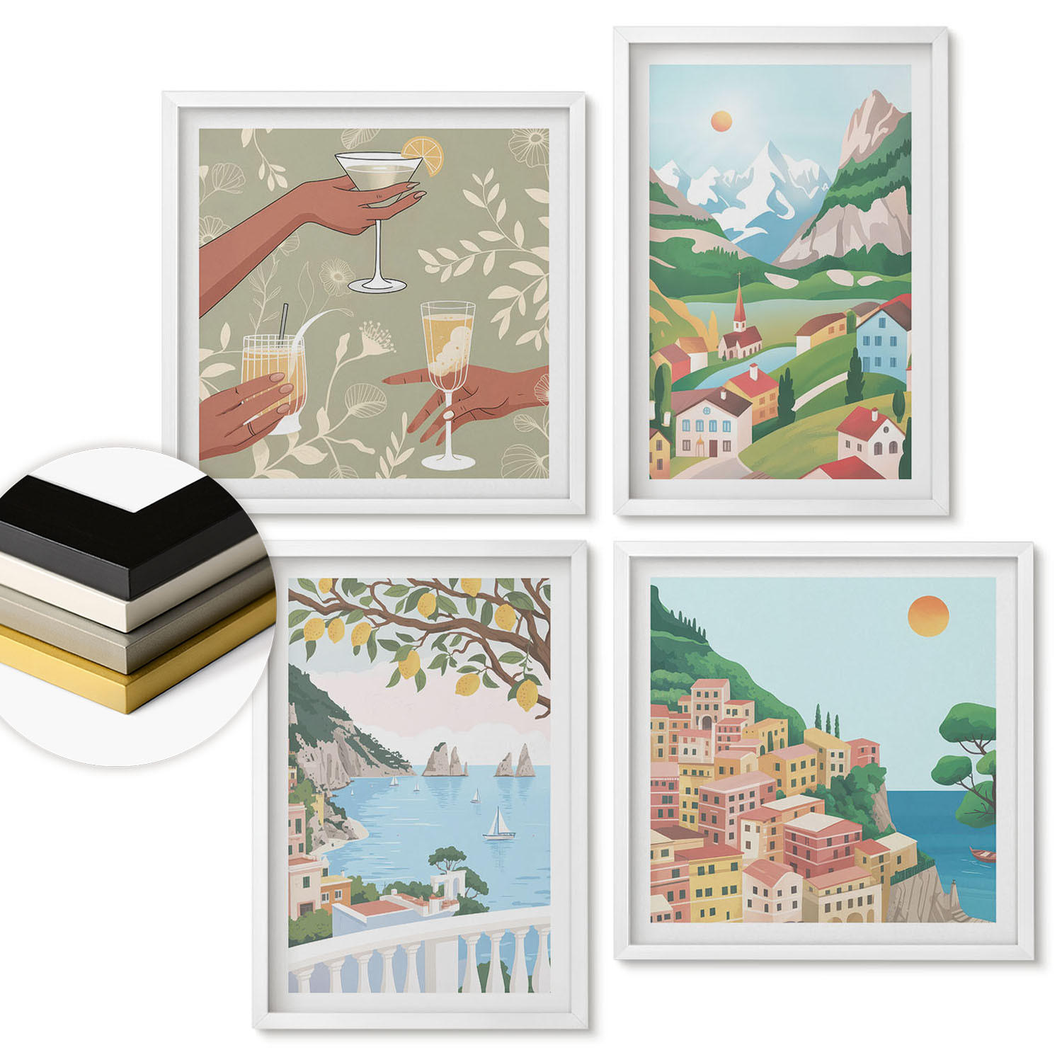WANDBILDER 4er-Set - 50x50 cm & 40x60 cm Weißer Rahmen - Pastellfarbene Küstenhäuser - Weiß, Kunststoff (50/50cm) - ArtPrintCave