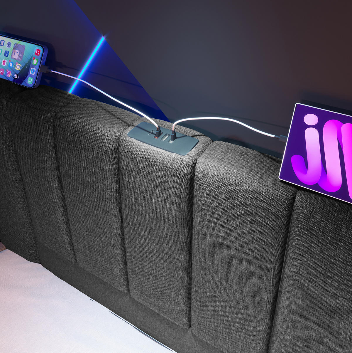 POLSTERBETT 180/200 cm Grau aus Leinen mit LED und Stauraum - Grau, Textil (180/200cm) - OKMYHOME
