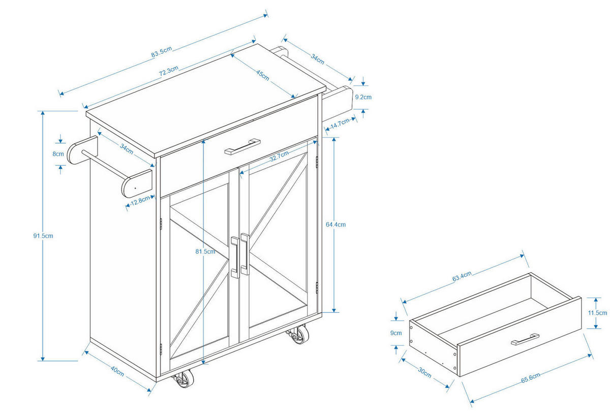 KÜCHENINSEL 81x45x92cm Weiß Gummibaum mit Schubladen, höhenverstellbarem Regal - Weiß, Holzwerkstoff (81/92/45cm) - Modfu