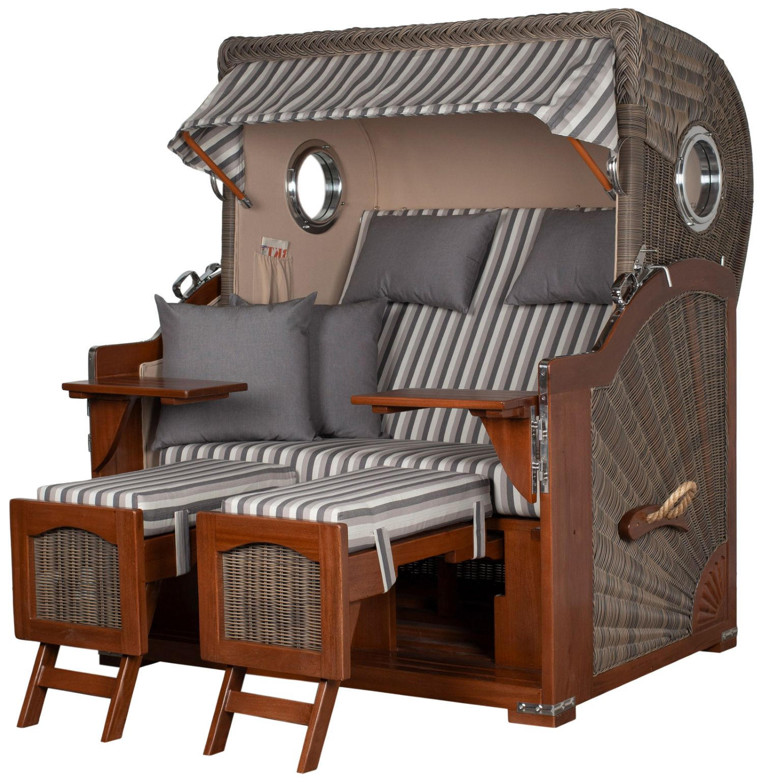 STRANDKORB Komplettset: Ammersee Grande XL Mahagoni Bullauge - PE grau - Modell 545 - Grau, Holz/Kunststoff (142/165/95cm) - bene living