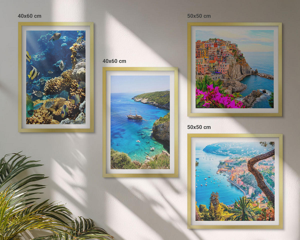 WANDBILDER 4er Set - 50x50 cm & 40x60 cm Goldrahmen - Meerblick, farbenfrohe Häuser - Goldfarben, Kunststoff (50/50cm) - ArtPrintCave