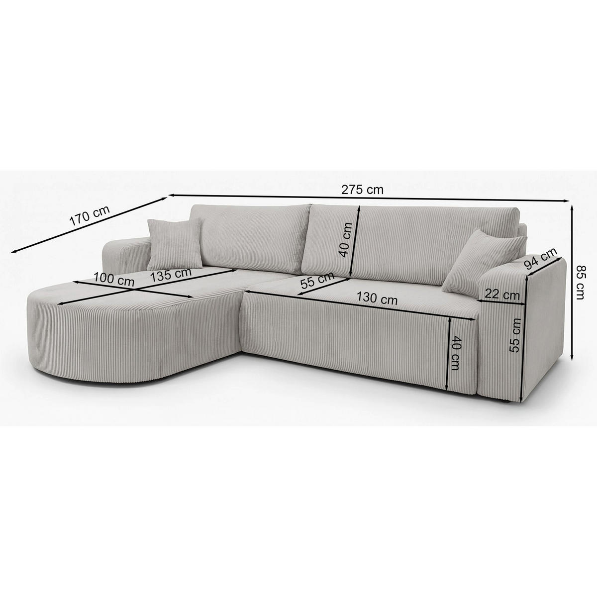 ECKSOFA mit Schlaffunktion Teeo L-Form universal mit Bettkasten Hellgrau Cord - Hellgrau/Schwarz, Kunststoff/Textil (275/170cm) - Homebook