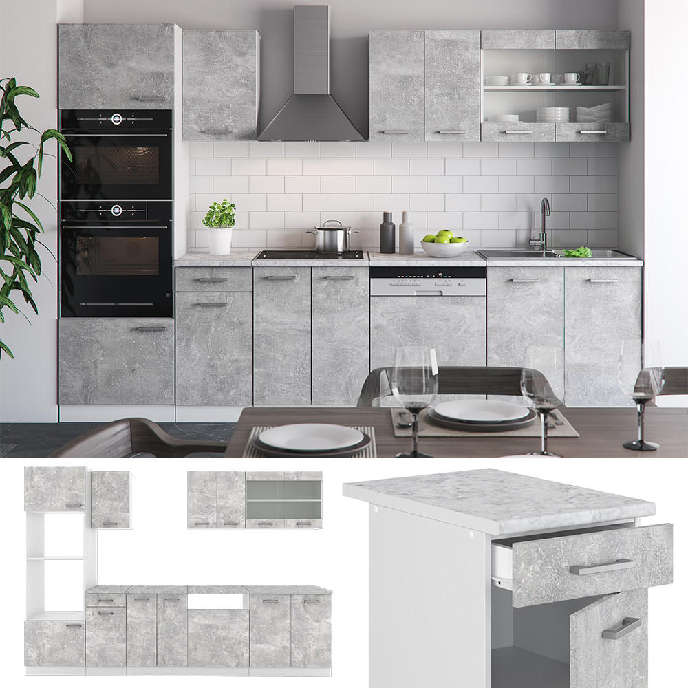 KÜCHENZEILE R-Line Beton/Weiß 300 cm mit Hochschrank, AP Anthrazit - Schieferfarben/Weiß, Holzwerkstoff (300/81.6/60cm) - Vicco