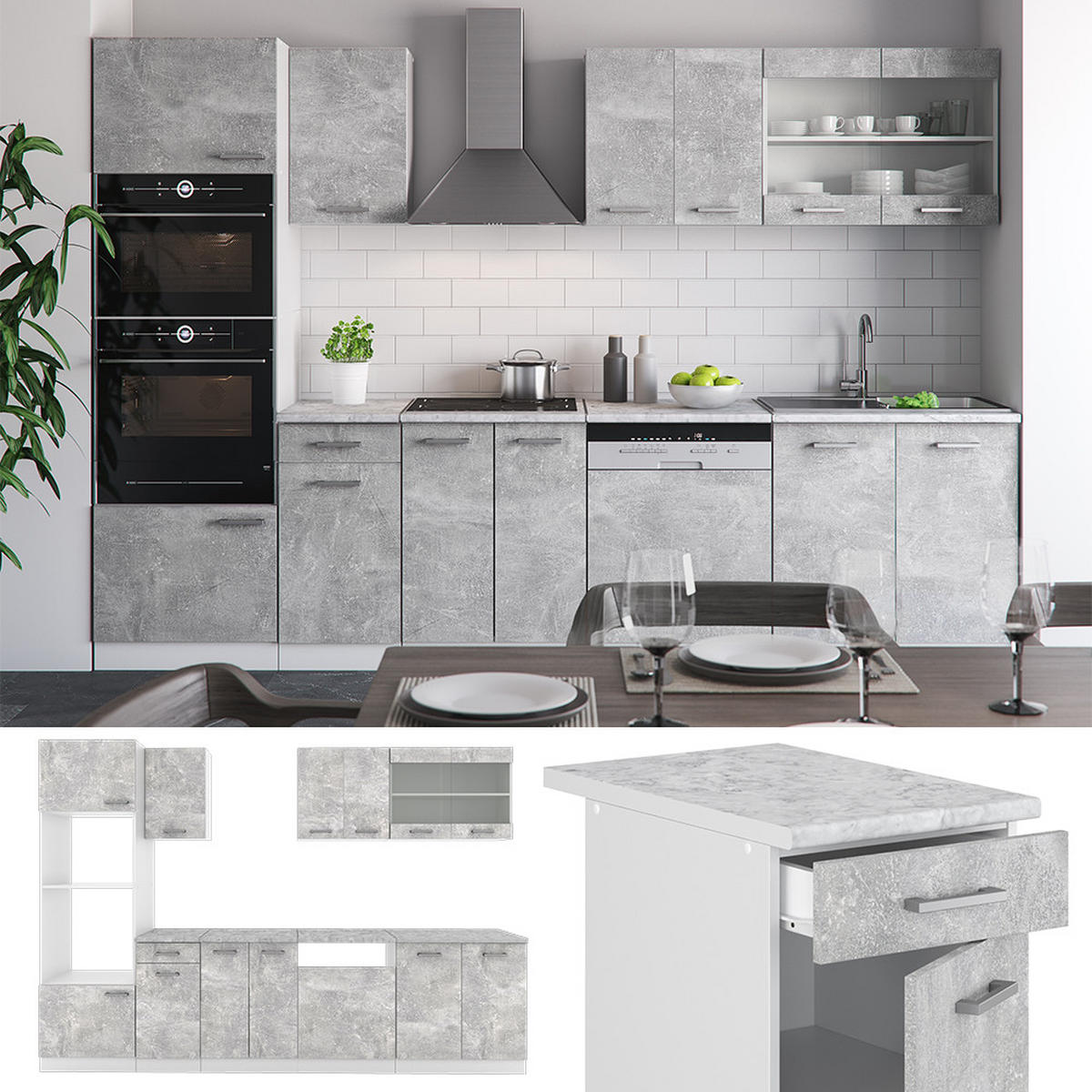 KÜCHENZEILE R-Line Beton/Weiß 300 cm mit Hochschrank, AP Anthrazit - Schieferfarben/Weiß, Holzwerkstoff (300/81.6/60cm) - Vicco