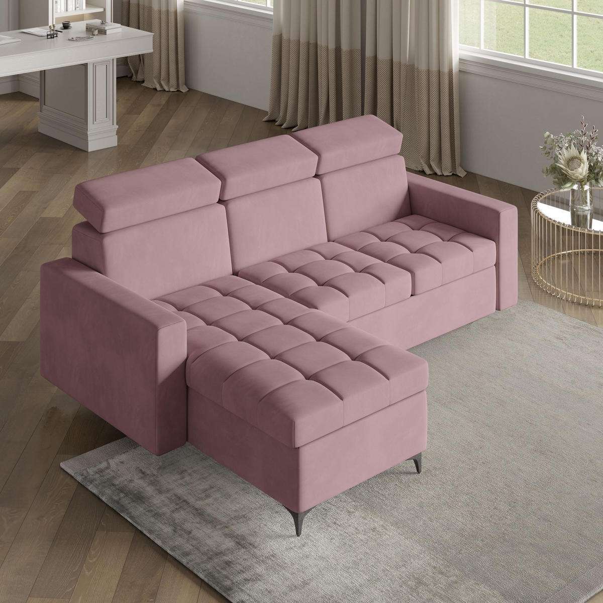 ECKSOFA KAME Rosa Plüsch-Stoff mit Schlaffunktion - Rosa, Holz (227/168cm) - MASSENO