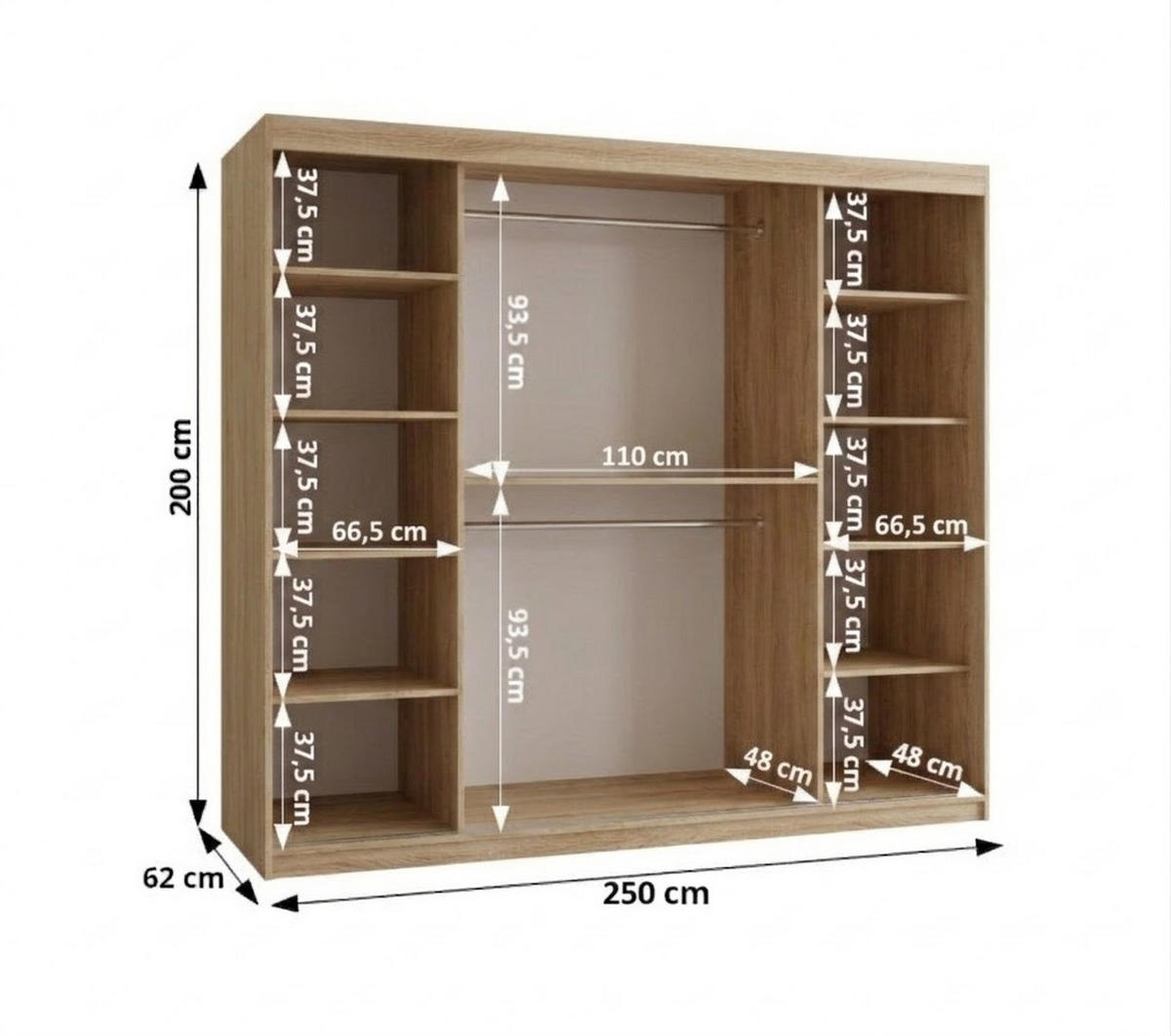 SCHIEBETÜRENSCHRANK mit Spiegel LUCY 200/250/62 3-türig - Silberfarben/Sonoma Eiche, Holz (250/200/62cm) - MÖBEL KRYSPOL