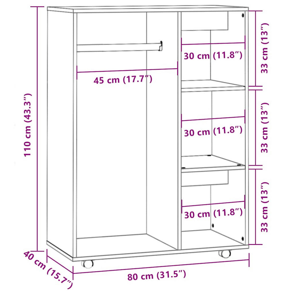 KLEIDERSCHRANK mit 4 Rollen, 3 Fächern 80/40/110 cm aus Holzwerkstoff Braun Eichen-Optik Dekor - Dunkelbraun, Holz (80/110/40cm) - vidaXL