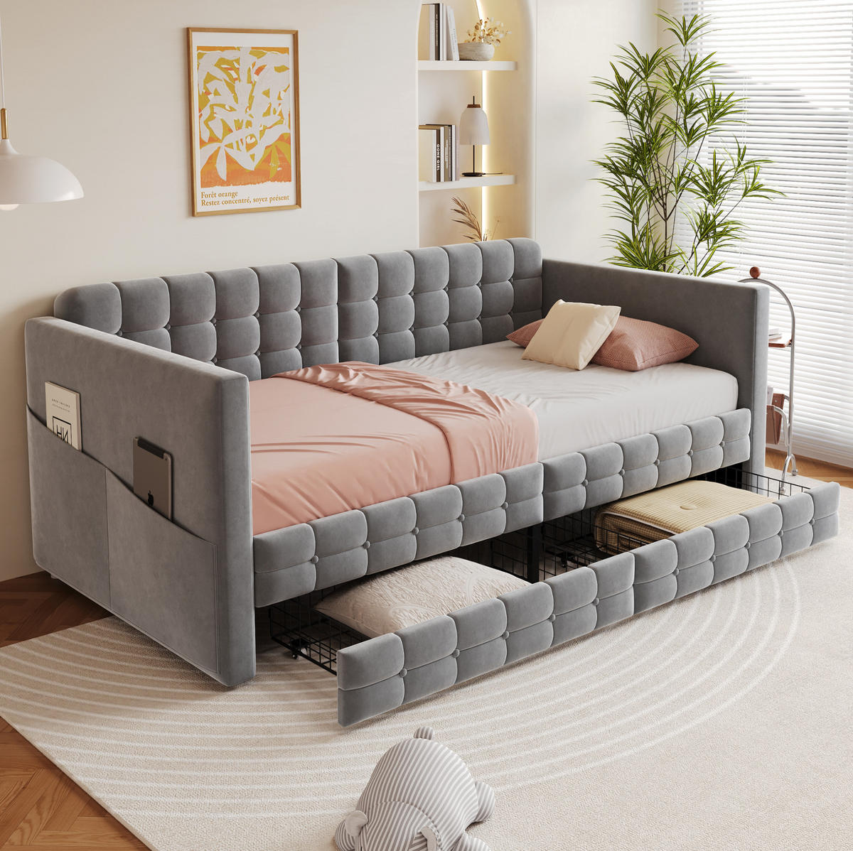 POLSTERBETT 90/190 cm Grau aus Samt mit 2 Schubladen - Grau, Textil (90/190cm) - OKMYHOME