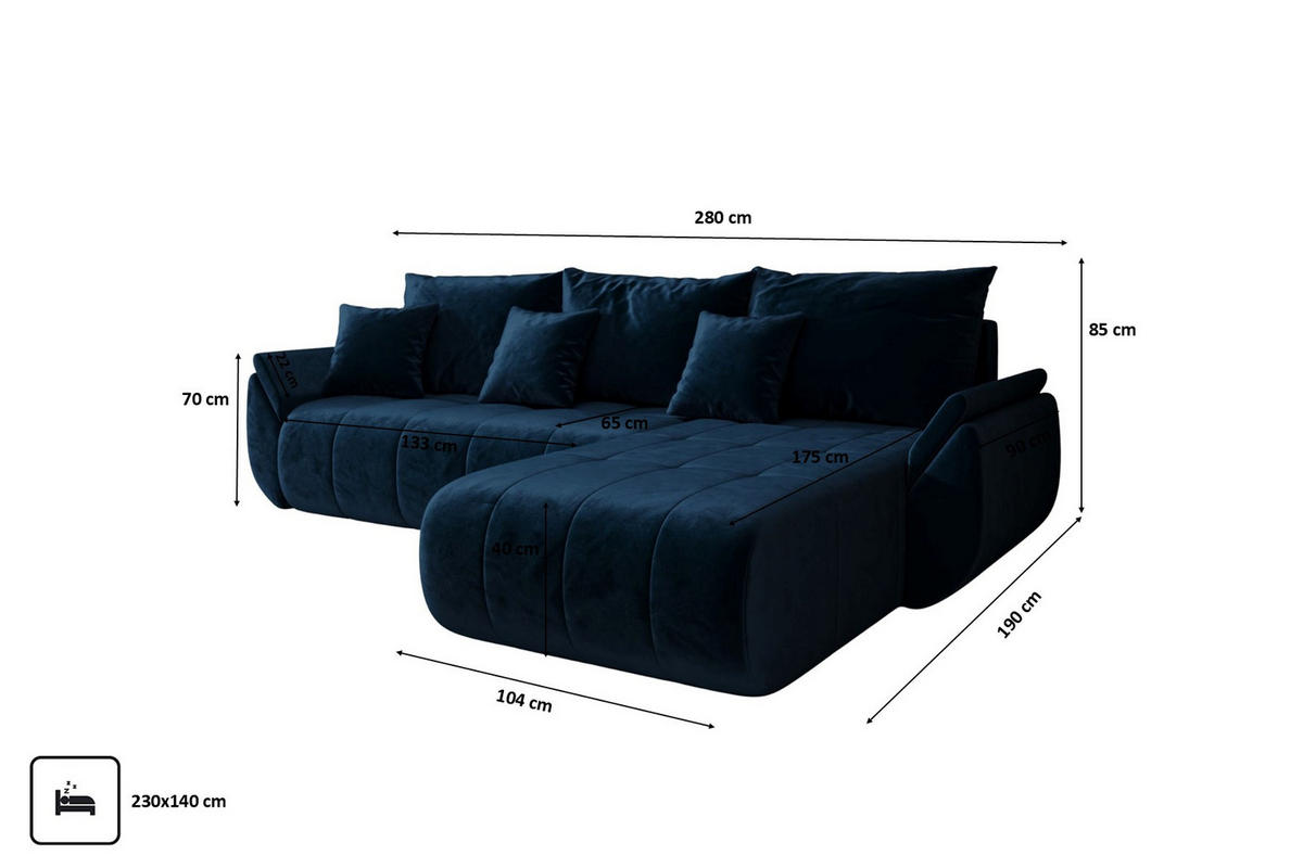 ECKSOFA Mit Schlaffunktion Und Bettkasten TOKYO, Stoff MONOLITH, Dunkelblau, Rechts - Dunkelblau, Holz (280/190cm) - Kaiser Möbel
