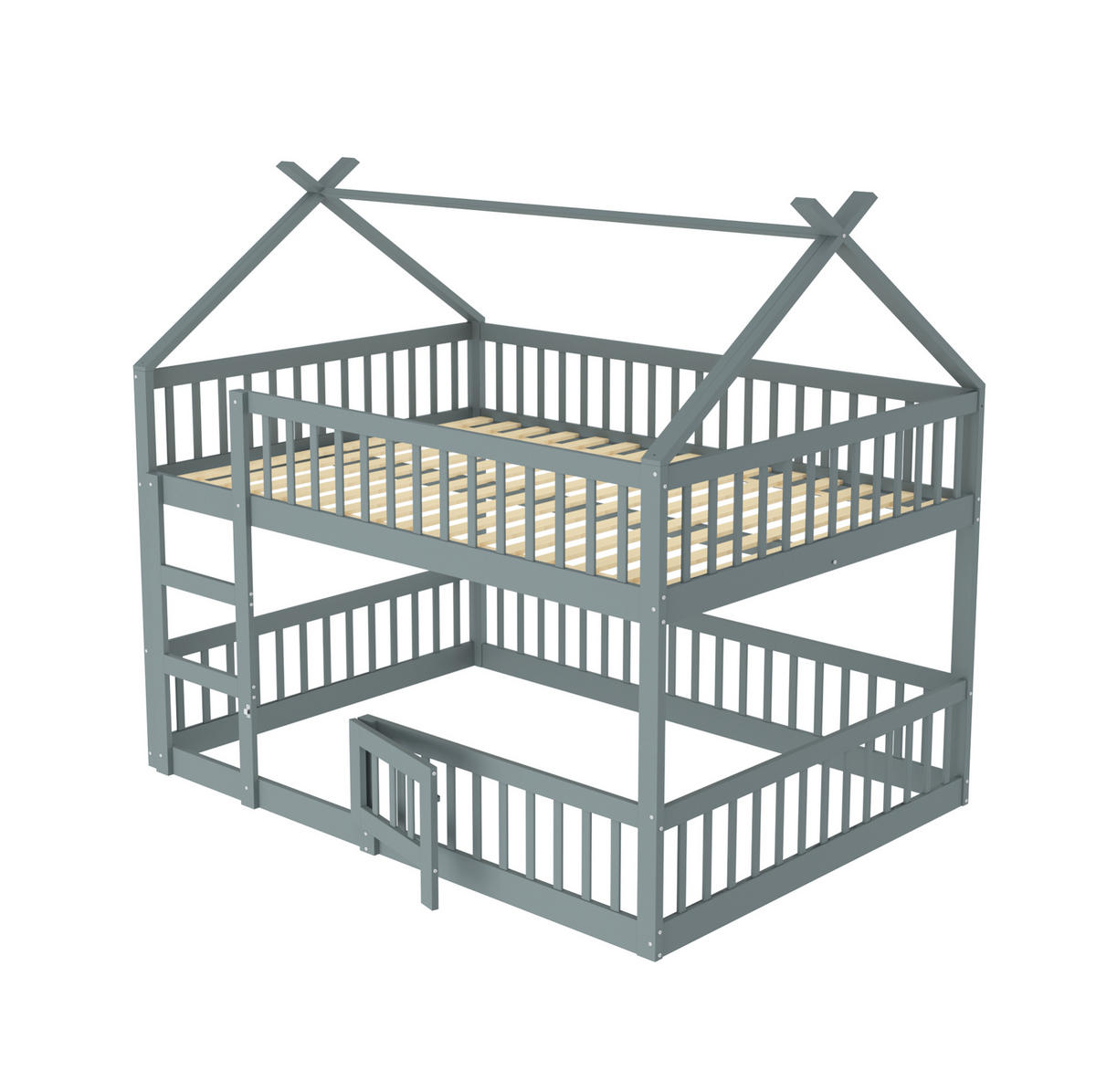 ETAGENBETT aus Holz 140x200 cm Grau mit Treppe und Sicherheitsumrandung - Grau, Holzwerkstoff (140/200cm) - IVMEU
