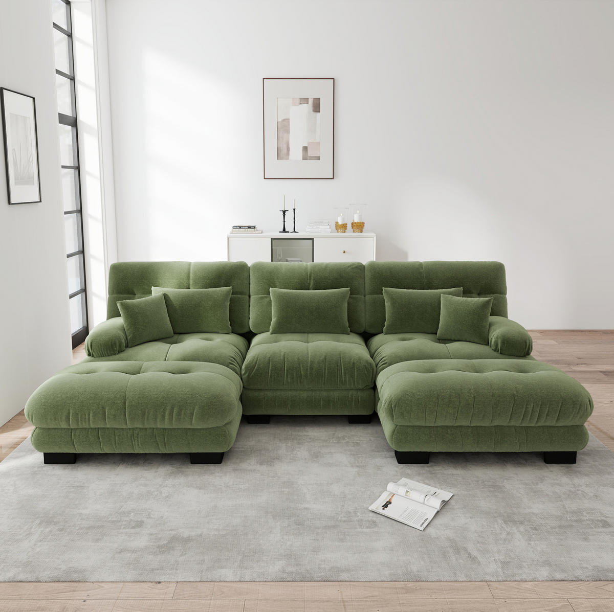SOFA modular Chenille Green mit Ottomans - Grün, Kunststoff (145/81/313cm) - Meubliv