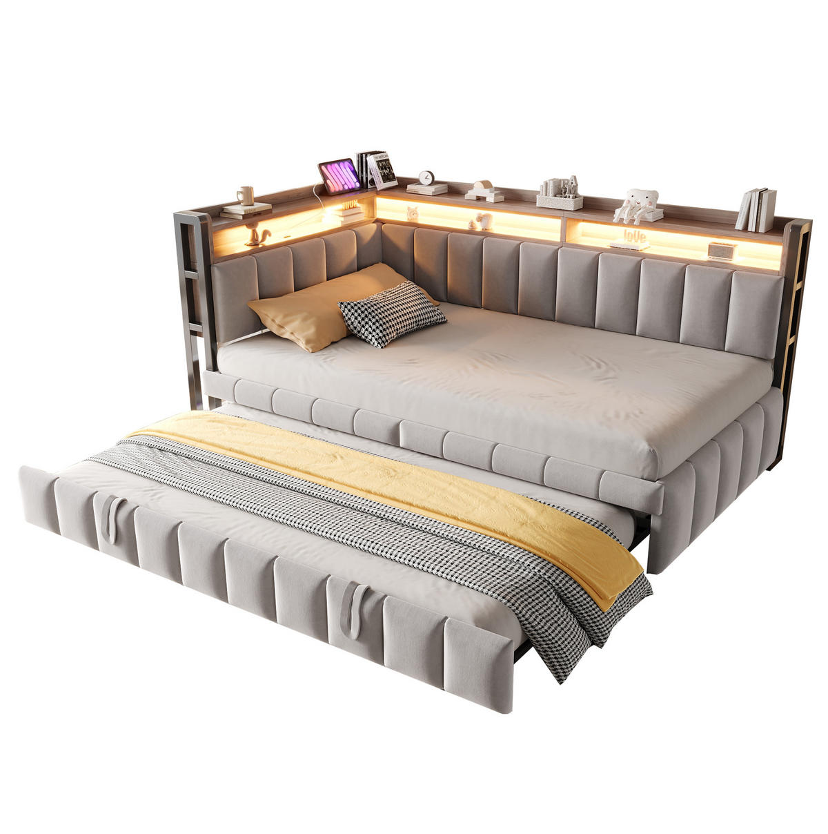 POLSTERBETT 90/200 cm aus Samt mit Ausziehbett LED und USB-Anschluss Hellgrau - Grau, Textil (90/200cm) - Modenvie
