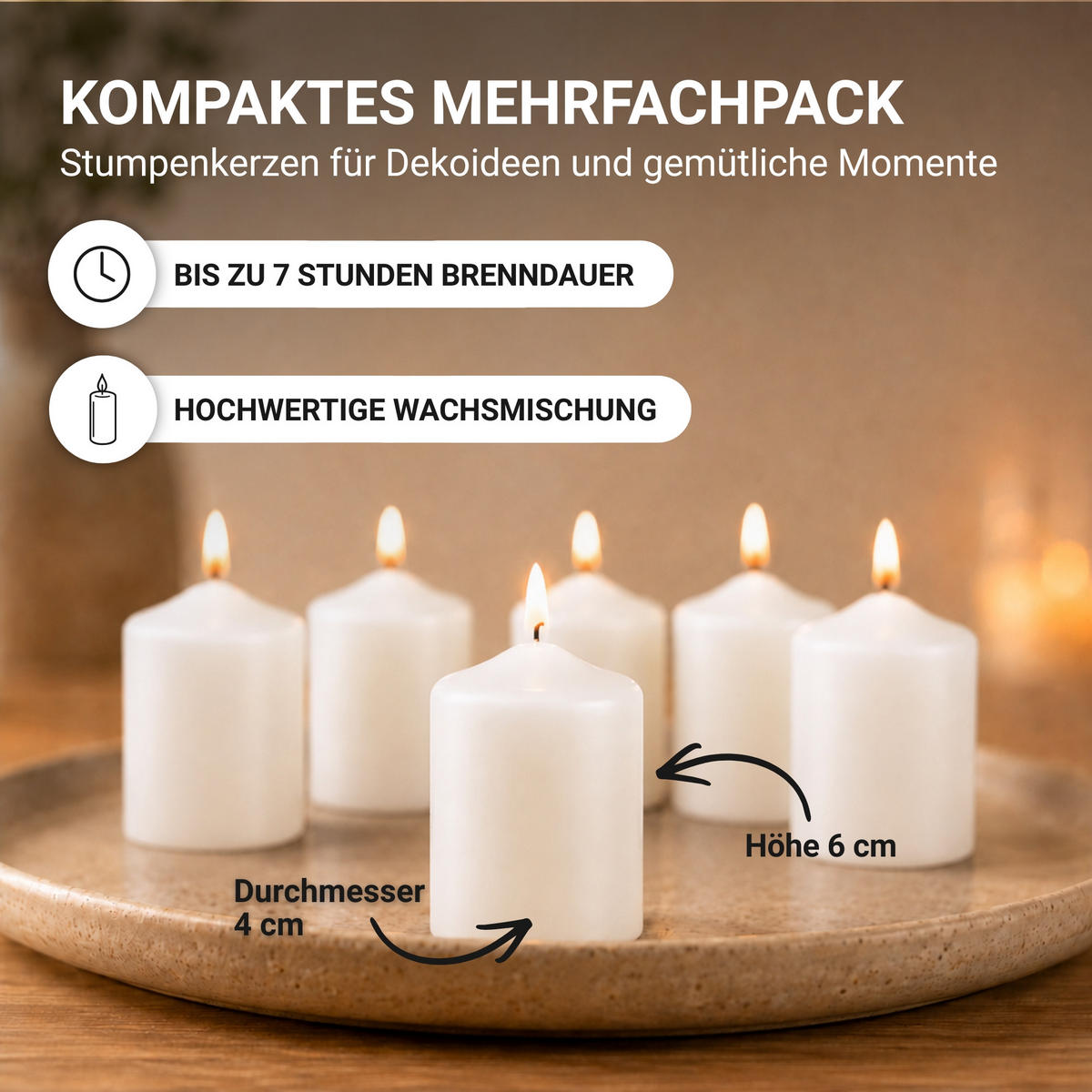 STUMPENKERZEN Ø4xH6 cm Creme 6er-Pack - Creme, Naturmaterialien (4/6cm)