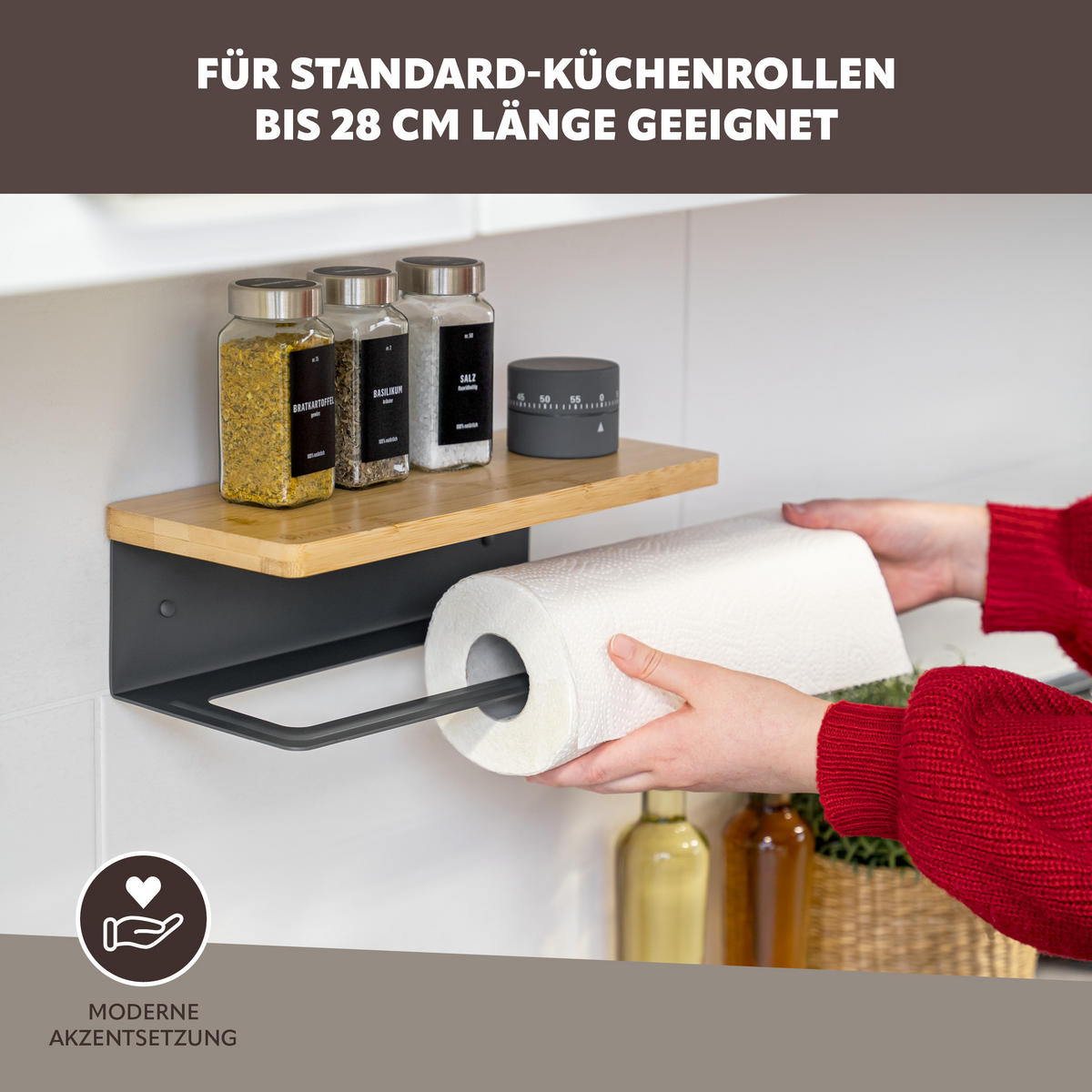 KÜCHENROLLENHALTER mit Bambusablage - Grau, Metall (32/9.5/13cm) - eluno