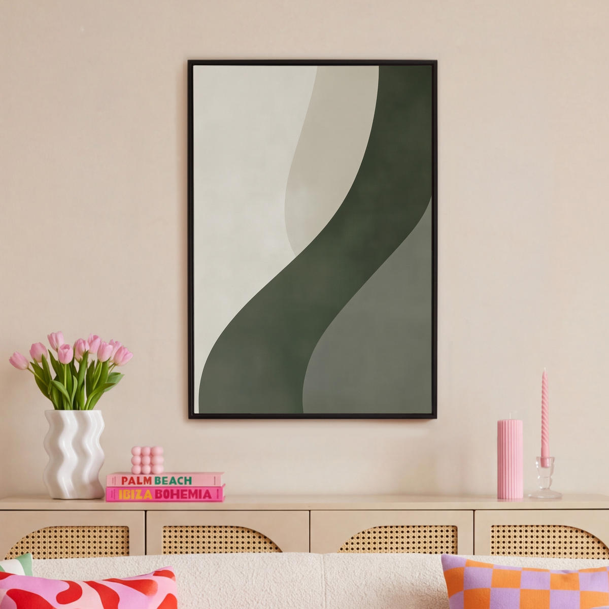 LEINWAND Bilder mit Rahmen - Japandi - Grün - Abstrakt - Modern - 60x90 - Salbeigrün, Textil (60/90cm) - MuchoWow