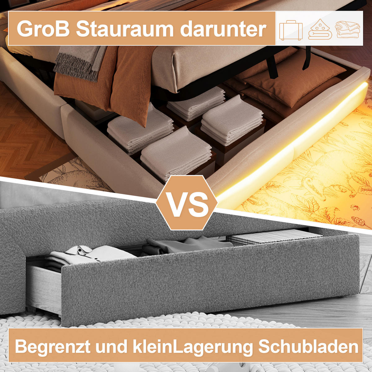 POLSTERBETT 160x200cm Beige USB-C LED-Licht Kopfteil Hydraulik - Beige, Holz (160/200cm) - FLIEKS