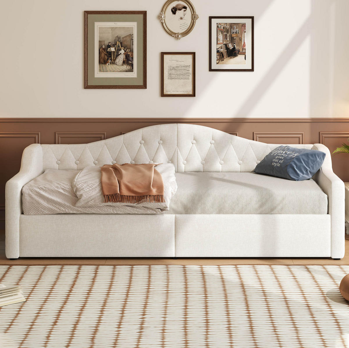 POLSTERBETT 90/200 cm Beige mit LED-Beleuchtung und Stauraum aus Leinen - Beige, Holzwerkstoff (90/200cm) - OKWISH