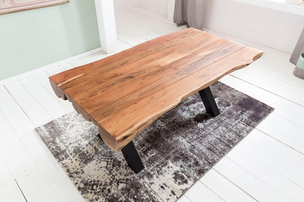 ESSZIMMERTISCH – Akazie Massivholz 200x100x77 cm X-Gestell Natur Schwarz - Beige/Schwarz, Holz/Metall (200/100/77cm) - KADIMA DESIGN