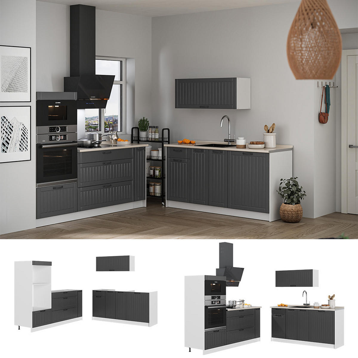 KUCHYNĚ Fame-Line, Tmavě šedá/Bílá, 340 cm, PD Antracit - bílá/tmavě šedá, kompozitní dřevo (340/153.6/60cm) - Vicco