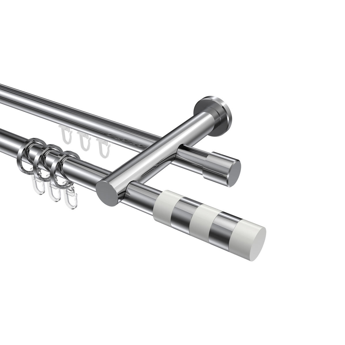 RUNDROHR-INNENLAUF-GARDINENSTANGEN-SET Platon Mavell 200 cm, 2-läufig, 20 mm Ø Chrom - Chromfarben/Weiß, Metall (200cm) - INTERDECO