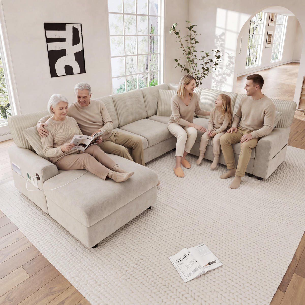 WOHNLANDSCHAFT mit U-Form, Chaise longue, USB und Type-C in Beige - Beige, Textil (249/83/196cm) - EVRYAE