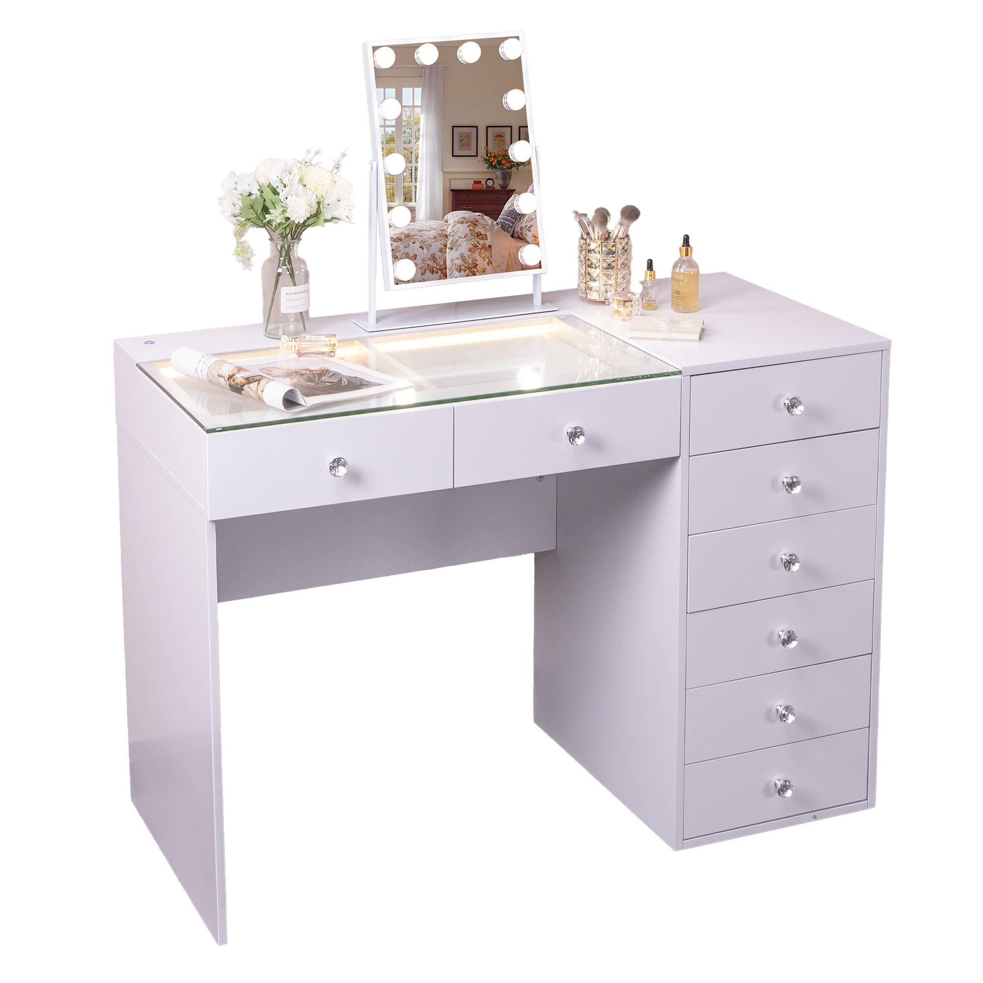 SCHMINKTISCH mit 8 Schubladen 120/55/81 CM und LED Beleuchtung Schminkspiegel Lichtleiste weiß 30/41 cm - Weiß, Holz (55/81/120cm) - VANITII