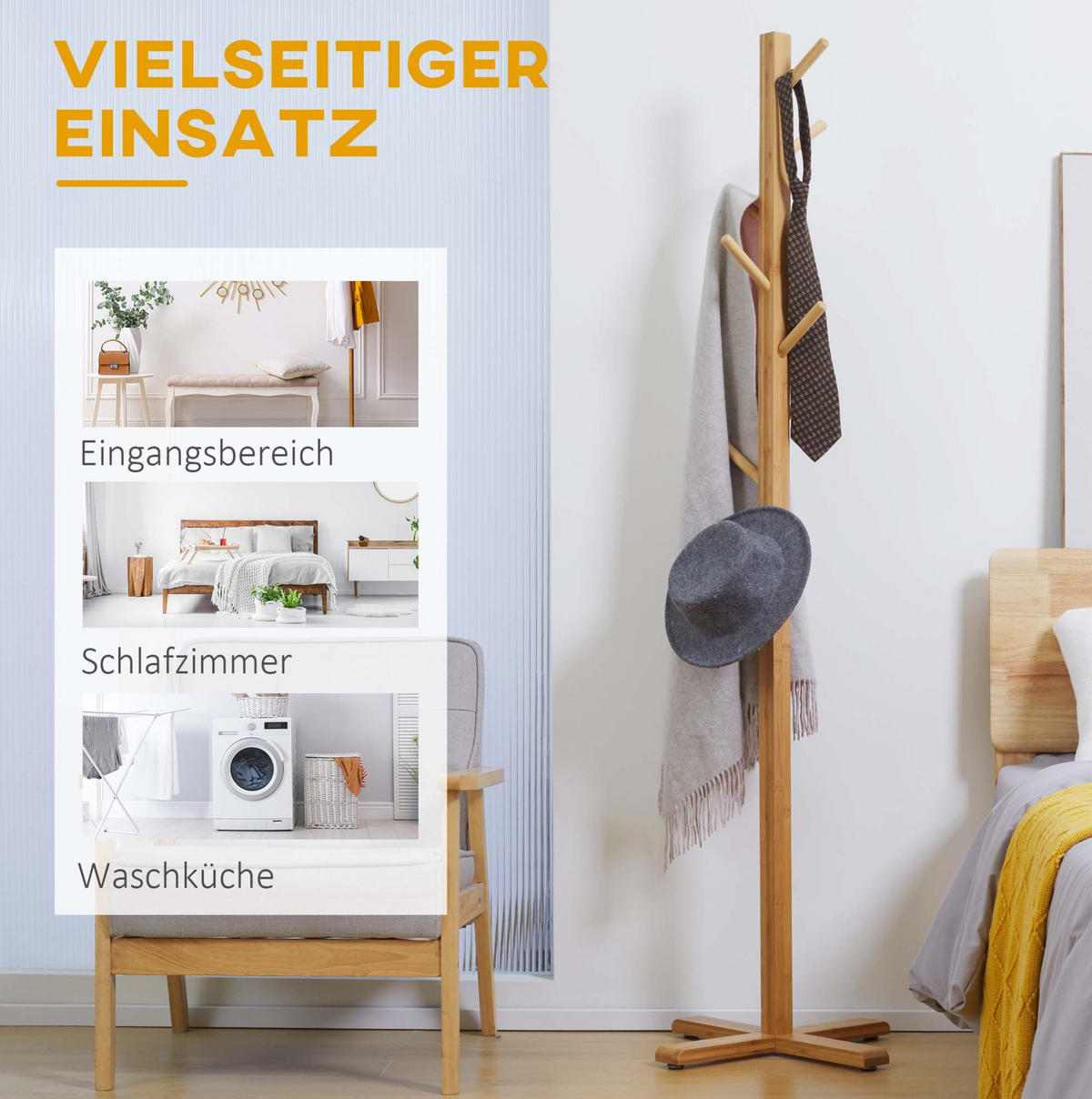 GARDEROBENSTÄNDER 49,5/49,5/178 cm natur aus Bambus mit 8 Haken - Naturfarben, Naturmaterialien (49.5/178/49.5cm) - OKWISH
